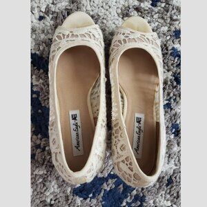 Cute Lace Ivory Peephole Wedge heel Shoes Size 8